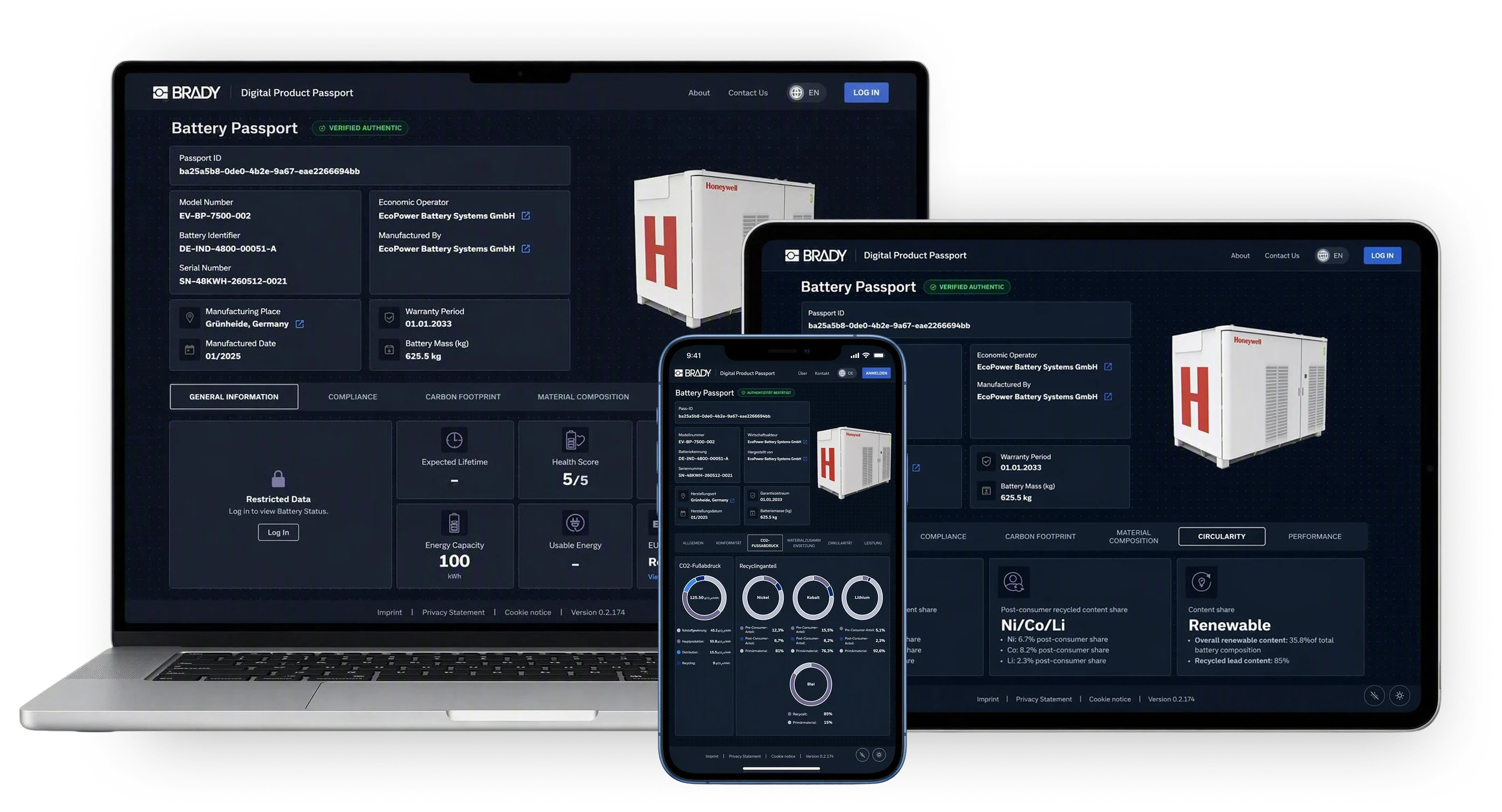 Battery Passport interface across desktop, tablet and mobile