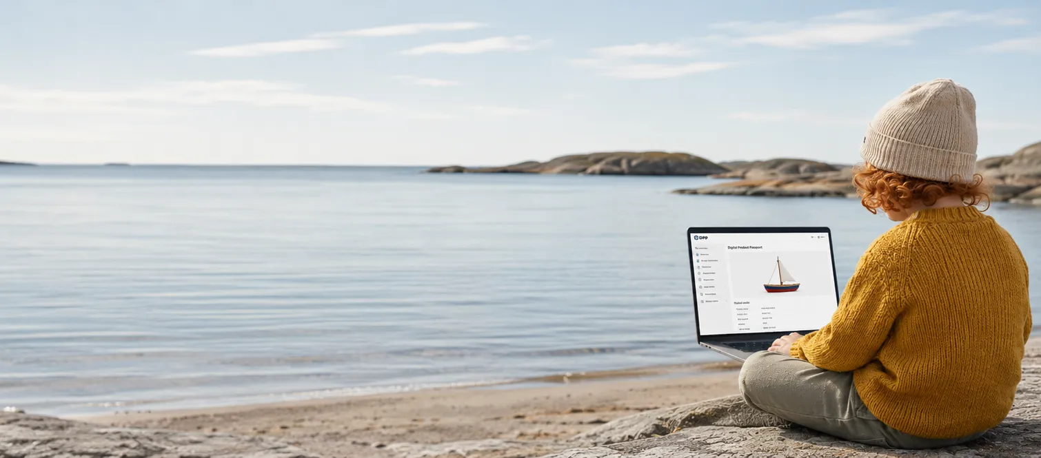 Person working on a laptop by a rocky shoreline