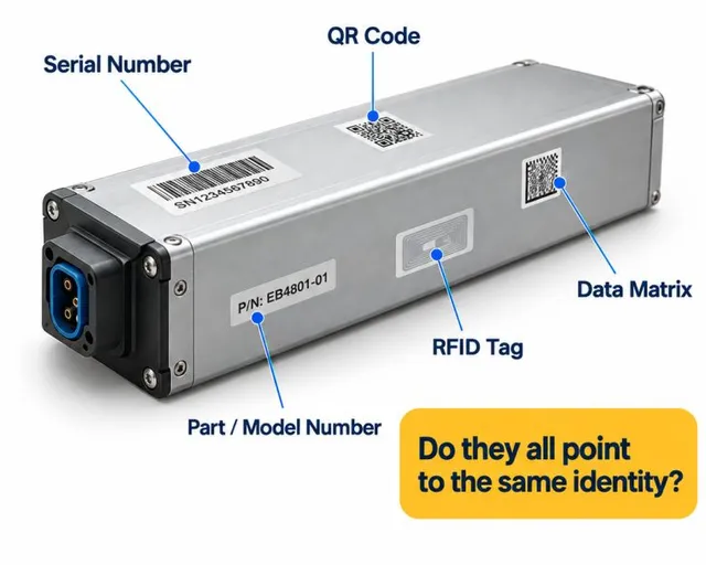 Battery module labelled with a serial number, QR code, Data Matrix, RFID tag and part number